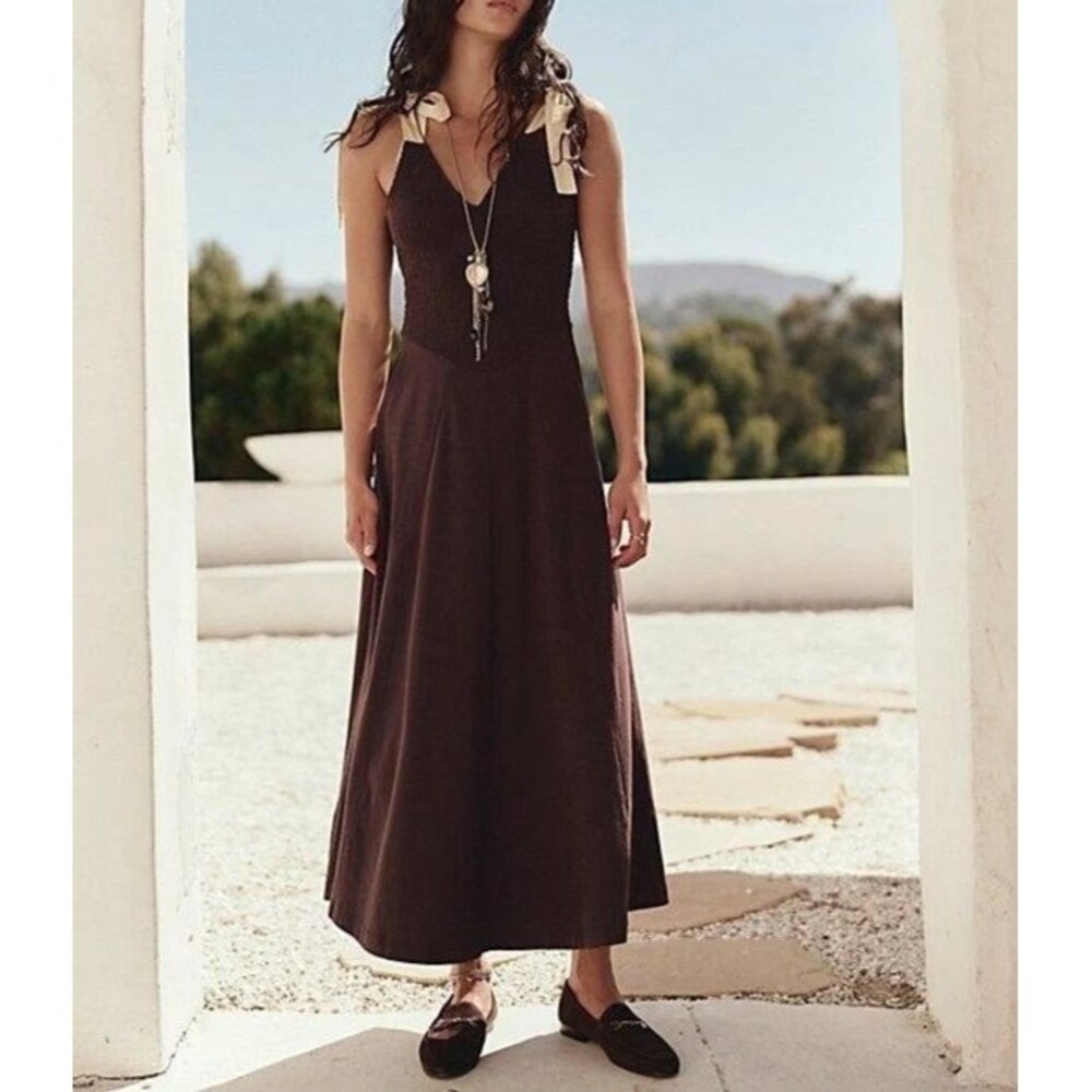 Free People Free-Est Cecelia Solid Midi Dress Smocked Cotton Beach Wine M 288692